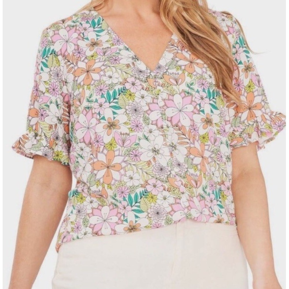 CeCe Top Sz 3x Floral Green Ruffle Short Sleeve Button Up Blouse Garden Feminine